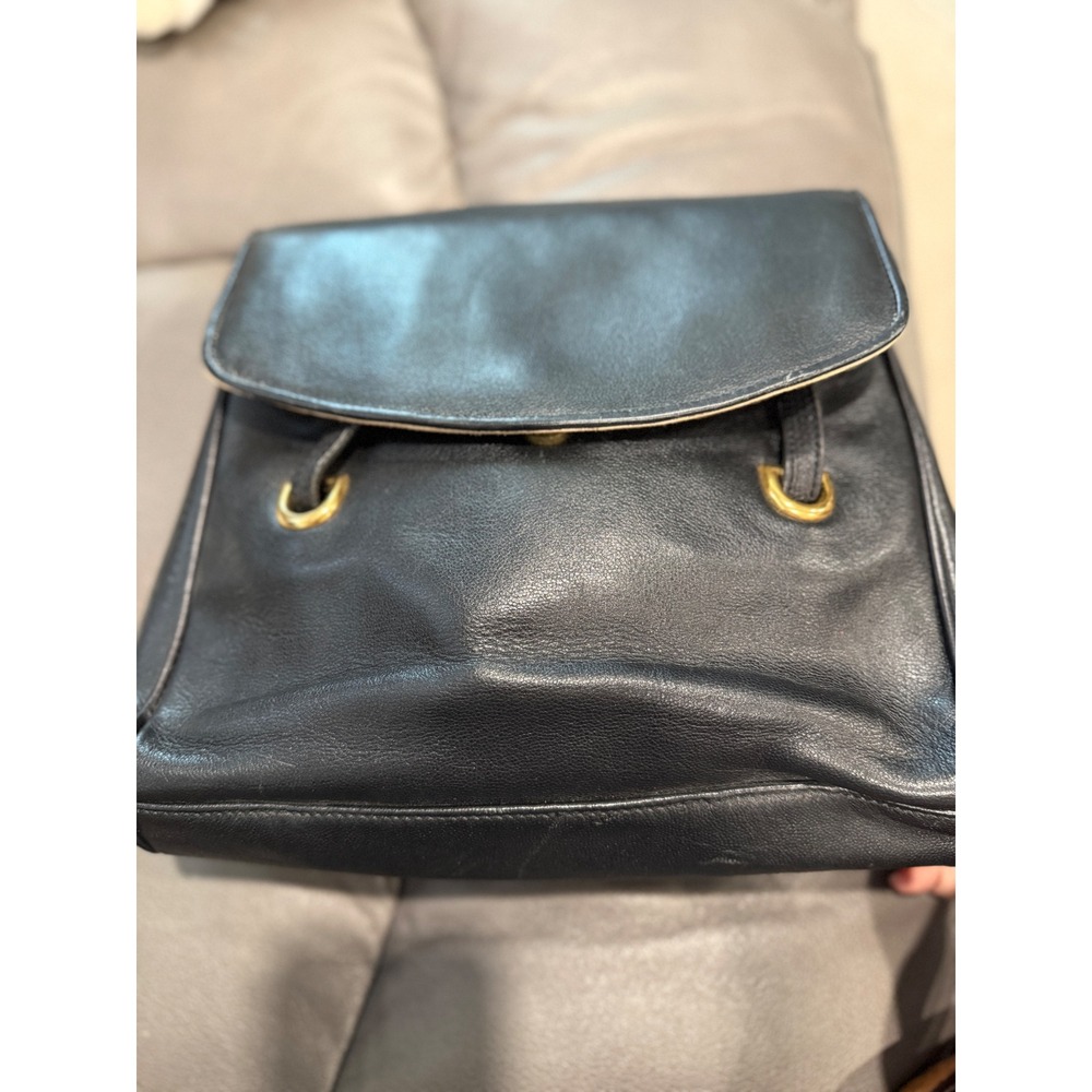 Adolfo Vintage Black‎ Genuine Leather Backpack Gold Crest Medallion Rucksack